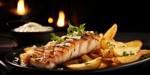 Closeup shot of salmon and French fries