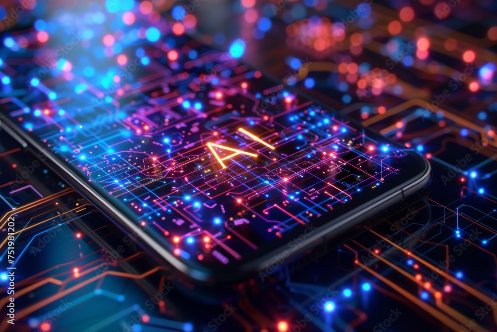 Poster smartphone with in intelligence ai, chat with ai artificial intelligence, futuristic technology