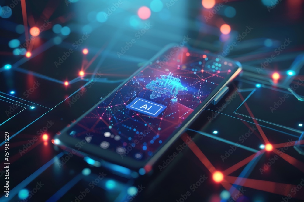 Poster smartphone with in intelligence ai, chat with ai artificial intelligence, futuristic technology