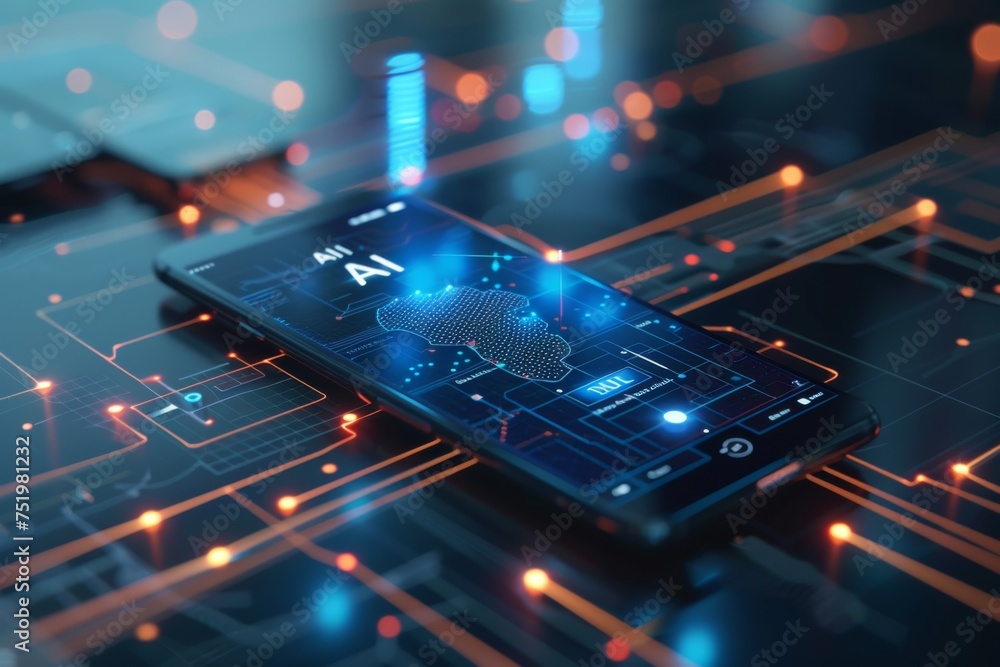 Poster smartphone with in intelligence ai, chat with ai artificial intelligence, futuristic technology