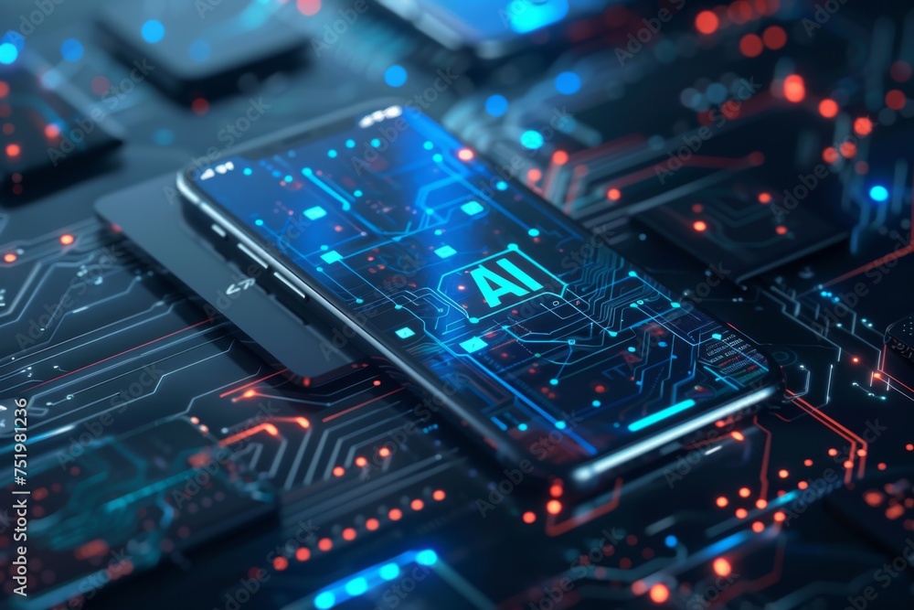 Poster smartphone with in intelligence ai, chat with ai artificial intelligence, futuristic technology