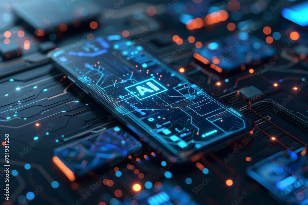 Poster smartphone with in intelligence ai, chat with ai artificial intelligence, futuristic technology