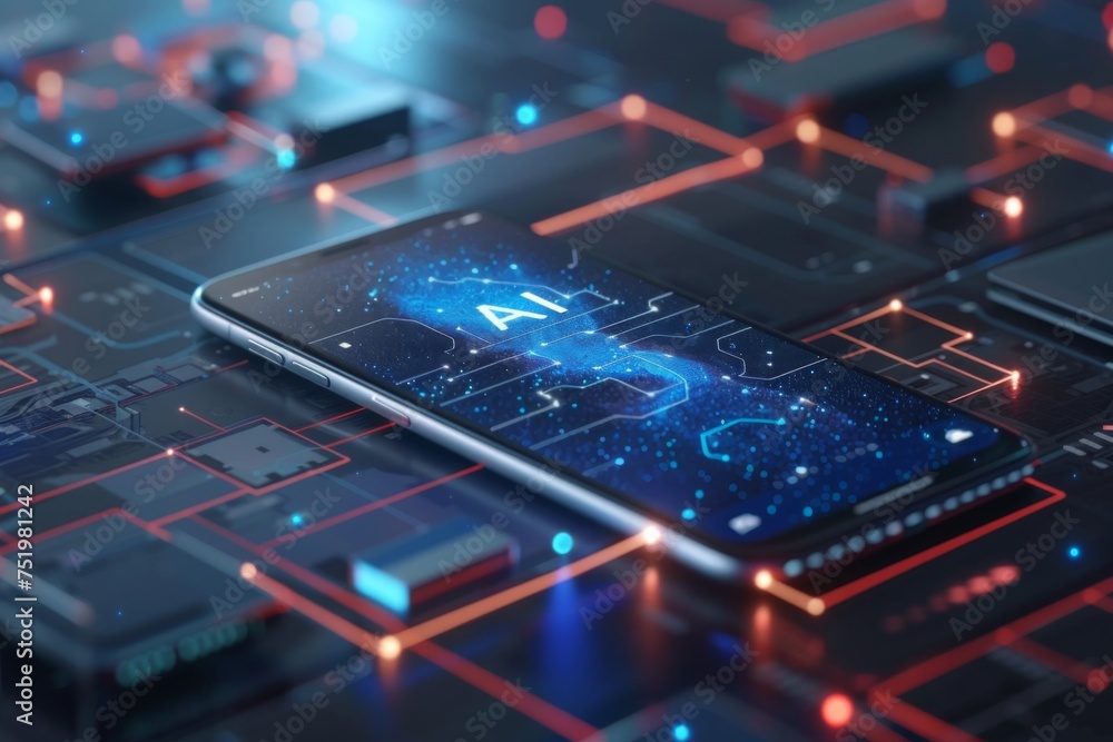 Poster smartphone with in intelligence ai, chat with ai artificial intelligence, futuristic technology