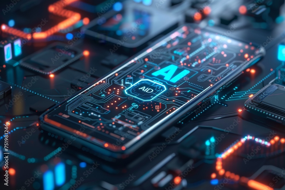 Poster smartphone with in intelligence ai, chat with ai artificial intelligence, futuristic technology