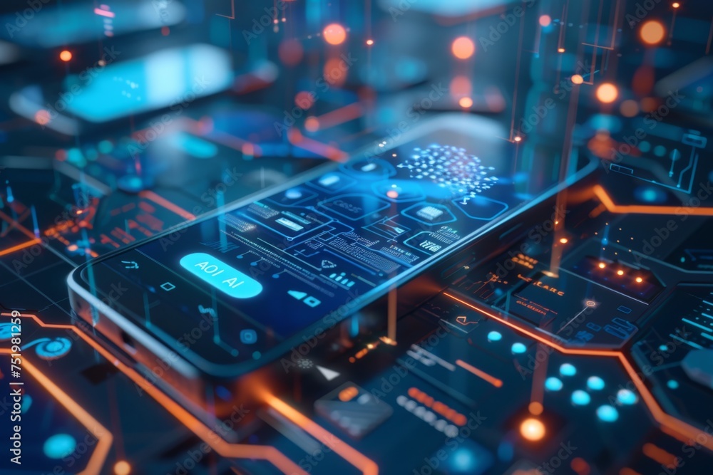 Poster smartphone with in intelligence ai, chat with ai artificial intelligence, futuristic technology