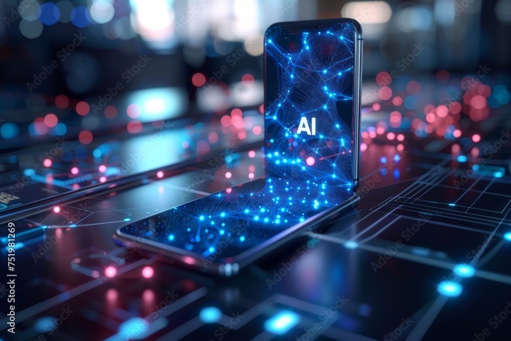 Poster smartphone with in intelligence ai, chat with ai artificial intelligence, futuristic technology