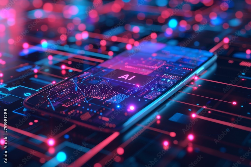 Poster smartphone with in intelligence ai, chat with ai artificial intelligence, futuristic technology