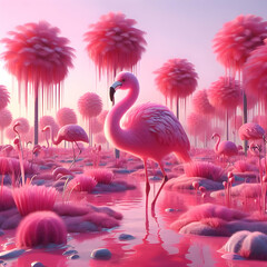 Pink flamingo standing in a marshy pink environment 
