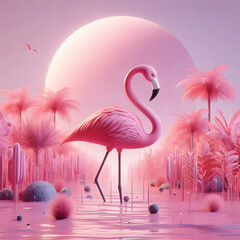 Pink flamingo standing in a marshy pink environment 
