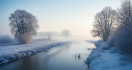  Wintry serenity - A frozen river under a misty sky