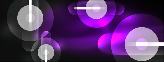 Abstract design pulsates with neon glowing light effects, casting an entrancing glow in the darkness, captivating the eye with its vibrant energy. Glass circles neon glowing light effects