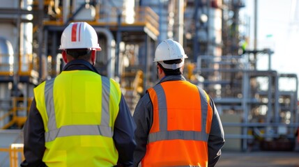 Obraz premium Industrial workers in safety vests and hard hats collaborating on a project, engineer, industrial, safety, construction, factory, building, development, architect, production