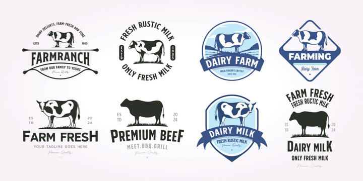 set bundle cattle farm logo template. bundling of dairy farm logo vector design. illustration vintage of cow, farm, milk