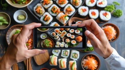 restaurant owner takes a picture of the food on the table with a smartphone to post on a website. Online food delivery, ordering service, influencer, review, social media, share, marketing, interest.