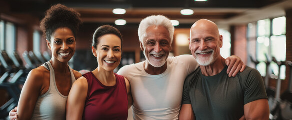Smiling group older of friends in sportswear laughing together while standing arm in arm in a gym after a workout, senior, healthy, friendship, adult, exercising, together, lifestyles - obrazy, fototapety, plakaty