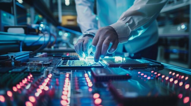 A detailed shot of a worker programming a stateoftheart automated machine highlighting the need for advanced technical skills in semiconductor manufacturing.