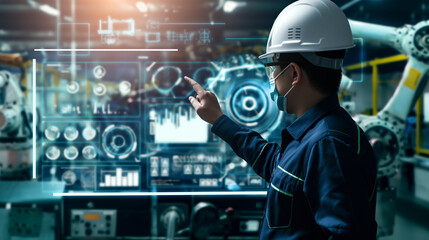 Manager engineer analyzing and control automation robot arms machine on software modern virtual interface data real time in intelligent factory industrial and digital manufacturing operation.