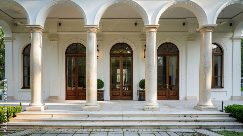 Poster a grand neoclassical mansion with arched doorways and ornate columns set against a modern minimalist