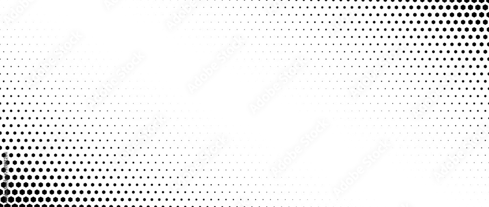 Poster Hexagon corner halftone gradient texture. Diagonal black grunge hex gradation background. Geometric retro tech wallpaper. Fading hexagonal pattern backdrop. Vector vanishing honeycomb grunge overlay