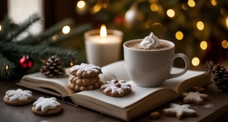 Obraz na płótnie Canvas Cozy Christmas - Warm drink, sweet treats, and a good read