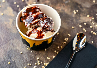 Bounty ice cream, white chocolate chip, and spoon served in cup isolated on dark background closeup side view of cafe baked dessert food