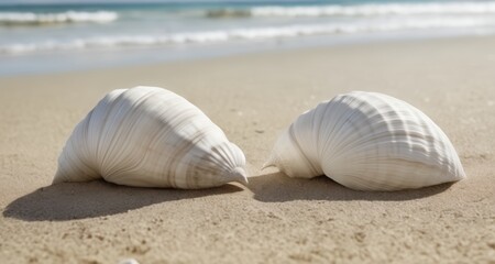 Fototapeta na wymiar Two seashells resting on sandy beach