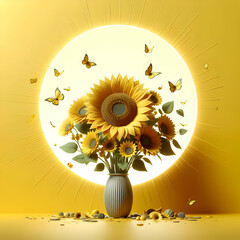 Yellow sunflower against a sunny yellow wall 3D
