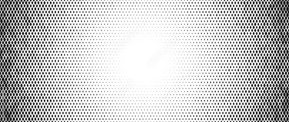 Aufkleber Rhombus dot radial gradient texture. Diamond dots halftone fading pattern. Abstract geometric particles vanishing background. Rhomb shape grunge overlay structure. Vector black white wallpaper