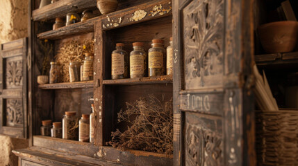 A rustic wooden cabinet adorned with dried herbs and handwritten labels serves as a reminder of the ancient knowledge and wisdom passed down through generations of healers.