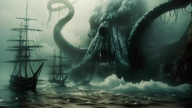 Kraken, a large aggressive scary octopus in the dark ocean destroys ships. A fabulous monster from sea legends