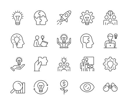 Creative ideas and solutions line icons. lampu puzel orang rocket brain. Editable vector stroke. vector illustration.
