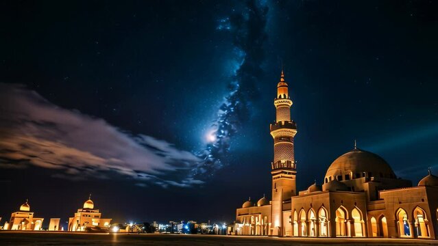 Ramadan Video animation of breathtaking view of a mosque illuminated against the backdrop of a night sky, adorned by the mesmerizing Milky Way galaxy