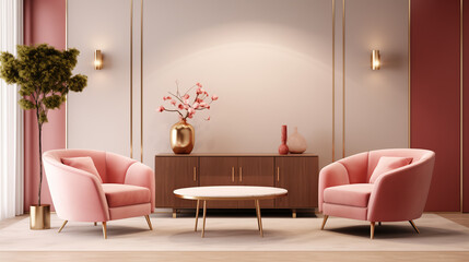 Luxurious Living Area with Blush Pink Lounge Chairs and Minimalist Coffee Table