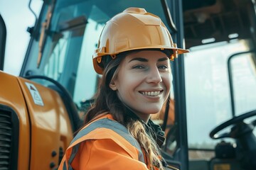female road worker operating excavator