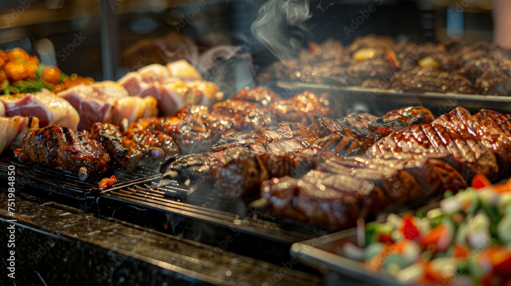 Aufkleber the sizzle and smoke of a grill can be seen and smelled as a table showcases an array of meats and v