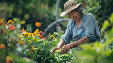 A peaceful garden scene with a woman tending to a row of vibrant plants and flowers carefully harvesting them for medicinal use.