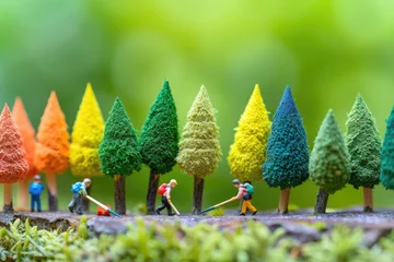 Foto op Canvas miniatures toys people cutting colored pencils, concept of cutting trees in the forest © Denisa