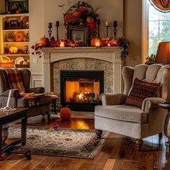 A cozy living room with a fireplace, decorated for Thanksgiving