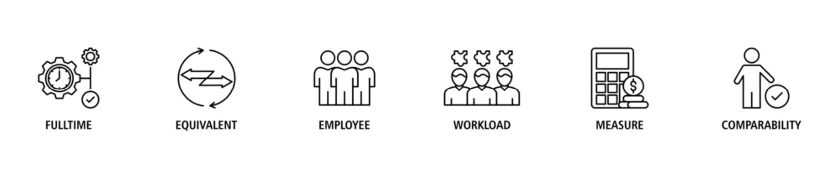 FTE banner web icon set vector illustration concept of full time equivalent with icon of full-time, equivalent, employee, workload, measure and comparability