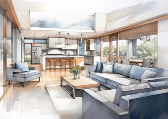 Interior design sketch of a modern living room and kitchen illustration - architects watercolor drawing.