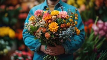 man arm holding a bouquet of flowers