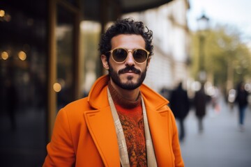 Fototapeta na wymiar Handsome bearded young man in orange coat and sunglasses in the city