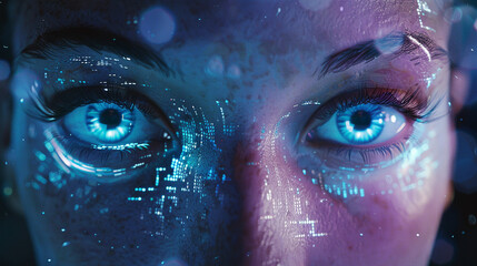 The eyes of a cyber portrait face illuminated with an ethereal glow, conveying a sense of inner turmoil and existential contemplation in the midst of a technologically driven world hyper - obrazy, fototapety, plakaty