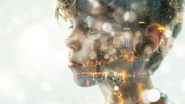 close up portrait of young boy- double exposure city. seamless looping overlay 4k virtual video animation background