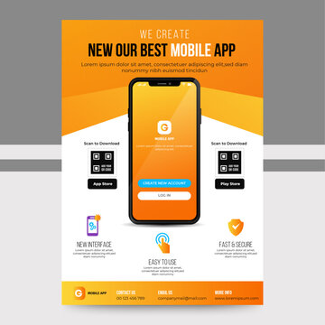 Mobile Apps Flyer template with yellow cover. Business brochure flyer design layout. smartphone icons mockup. application presentation. Magazine ads. poster. leaflet. infographics. in A4 size	