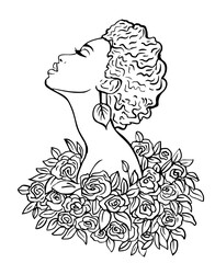 Girl Flowers Profile Drawing Outline Line - 751986083