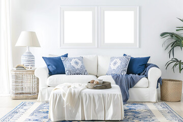 Mockup poster frame set in minimalist modern interior living room, 2 Blank photo frame mock-up