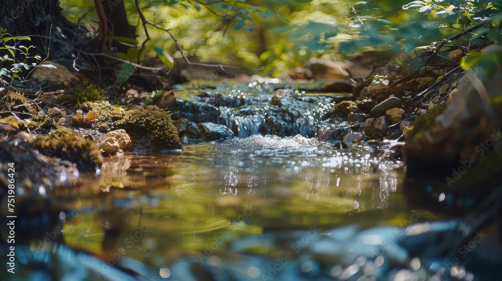 Poster A small stream its babbling flow harmonizing with the soft whispers of the tree branches as they sway in the breeze.