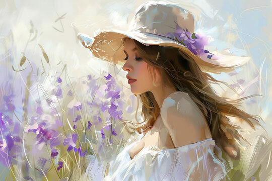 Acrylic painting of a beautiful girl in a hat , on the field of purple flowers. Spring, beauty, nature awakening, tranquility 