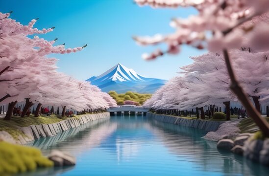 Cherry blossoms on the background of mountains and rivers